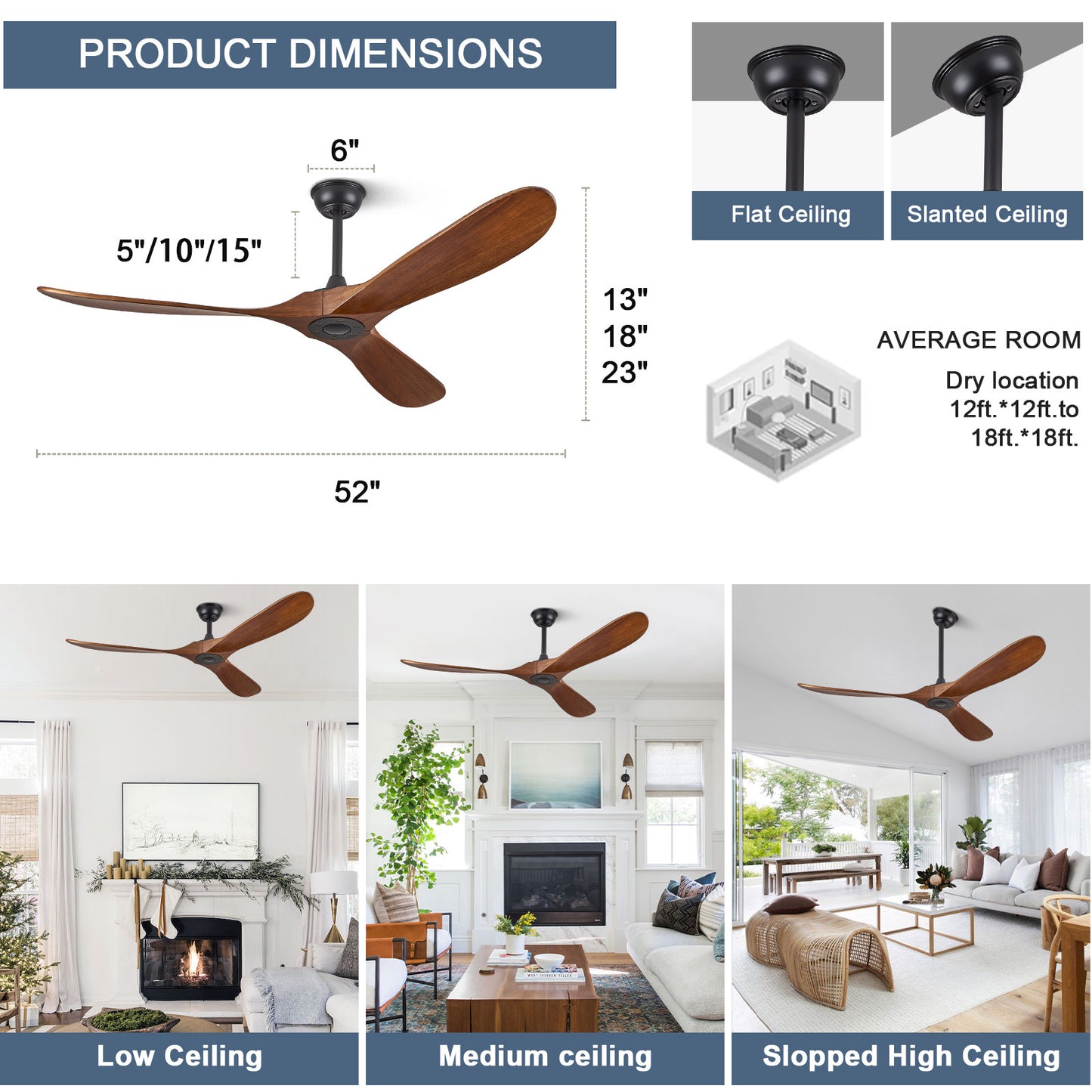 ABZ 52" Ceiling Fans Without Lights, 52 Inch Outdoor Ceiling Fans no Light, 3 Blade Solid Wood Ceiling Fan with Remote Control for Patios Living Room Bedroom Porch
