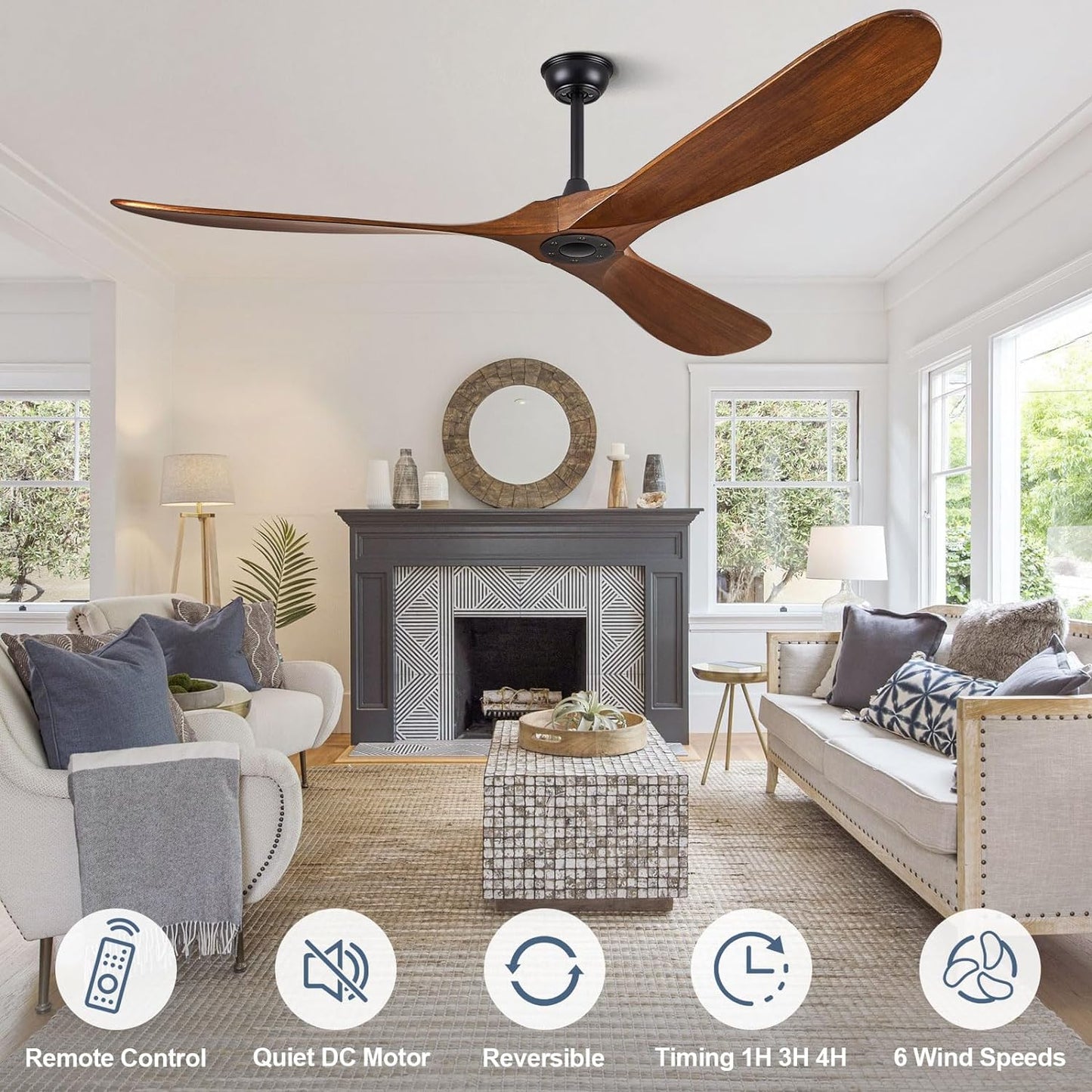 ABZ Ceiling Fans Without Lights - 72 Inch Outdoor Ceiling Fans no Lights with Remote Control, 3 Blade Solid Wood Ceiling Fans for Patios Living Room Bedroom Porch