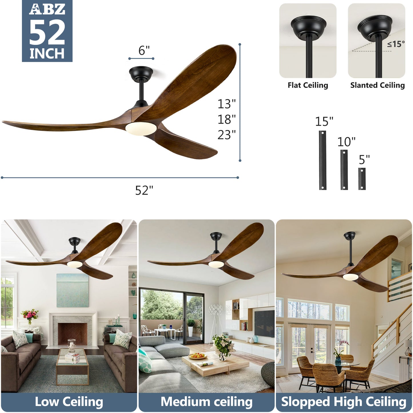 ABZ 52 Inch Ceiling Fans with Lights and Remote Control, Outdoor Ceiling Fan with Light 3 Blades Propeller Solid Wood Ceiling Fan for Indoor Bedroom Living Room, Walnut Wood
