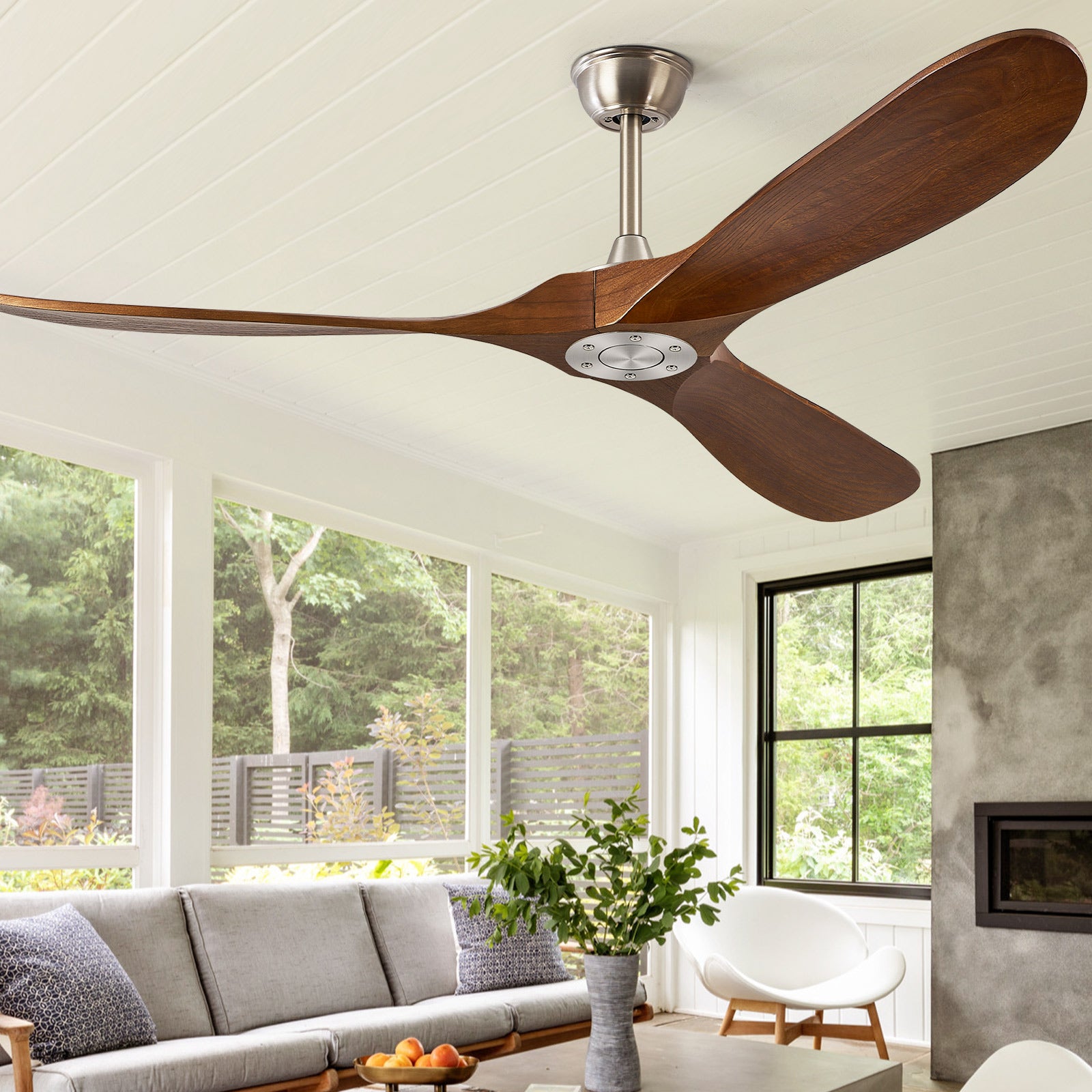 ABZ Ceiling Fan without Light - 52 inch Propeller Solid Wood Blades Silver Ceiling Fan no Light with Remote Control for Outdoor Indoor Patio Porch Living Room