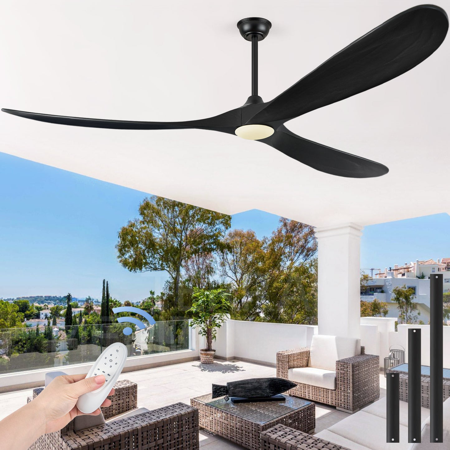 ABZ 72 Inch Ceiling Fans with Lights, Solid Wood Propeller Large Outdoor Ceiling Fan with Light and Remote Control, 3 Blades Black Ceiling Fan for Indoor Patios Living Room High cfm, Matte Black