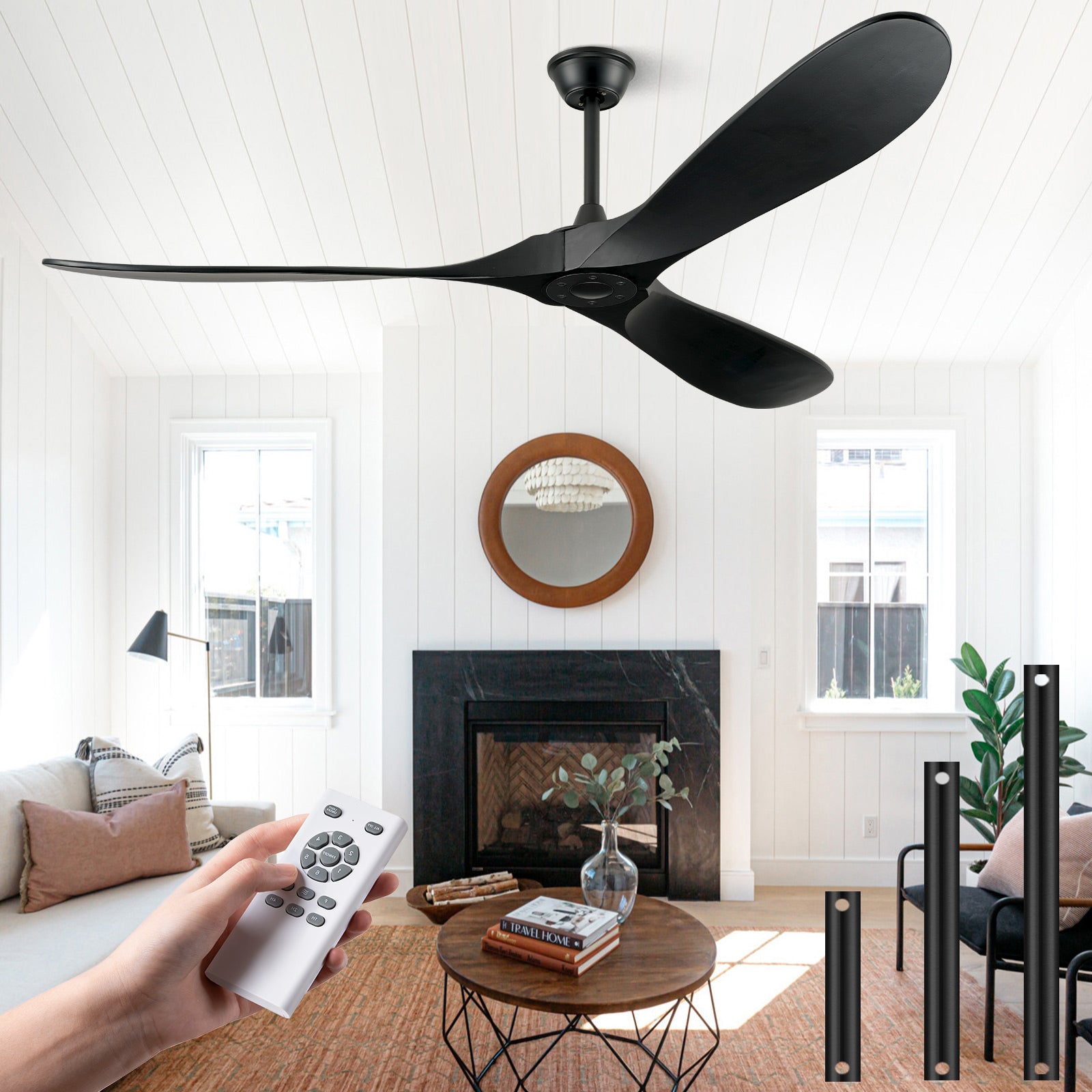 ABZ Ceiling Fans without Lights - 72 Inch Black Ceiling Fans no Lights with Remote Control, Black 3 Blade Solid Wood Indoor Outdoor Ceiling Fans for Patios Living Room Bedroom