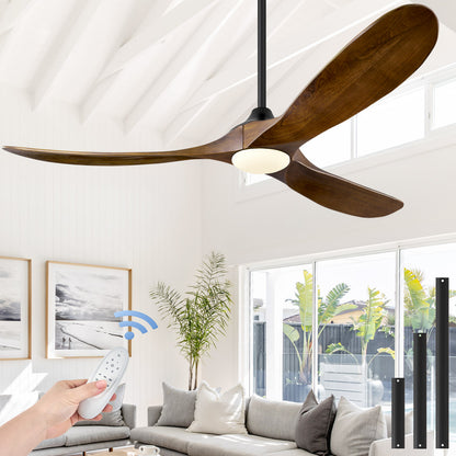 ABZ 52 Inch Ceiling Fans with Lights and Remote Control, Outdoor Ceiling Fan with Light 3 Blades Propeller Solid Wood Ceiling Fan for Indoor Bedroom Living Room, Walnut Wood