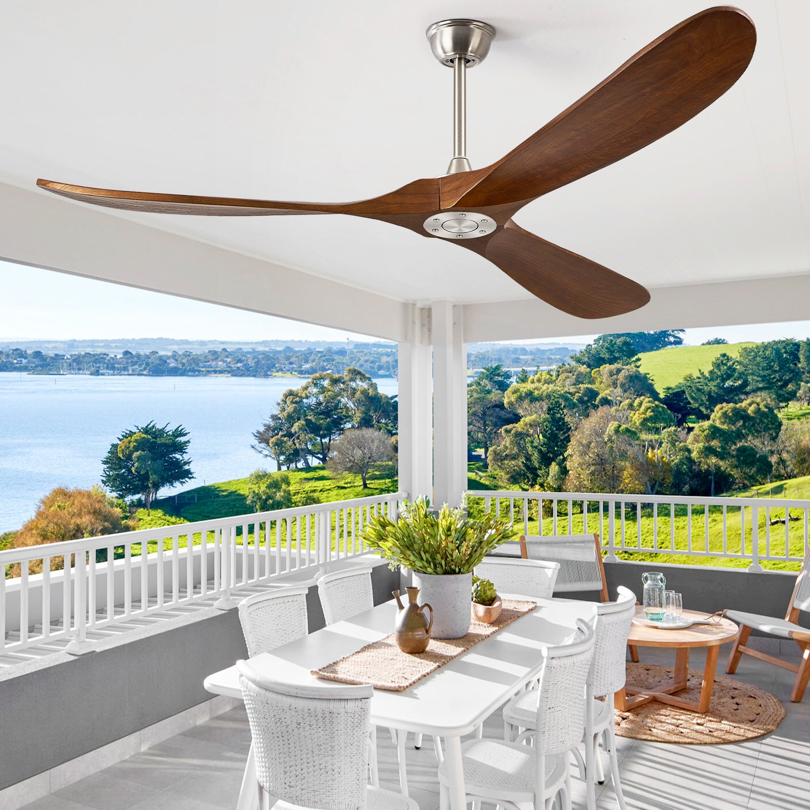 Ceiling Fan without Light - 72 inch Large Solid Wood Propeller Blades Silver Ceiling Fan no Light with Remote Control for Outdoor Indoor Patio Porch Living Room