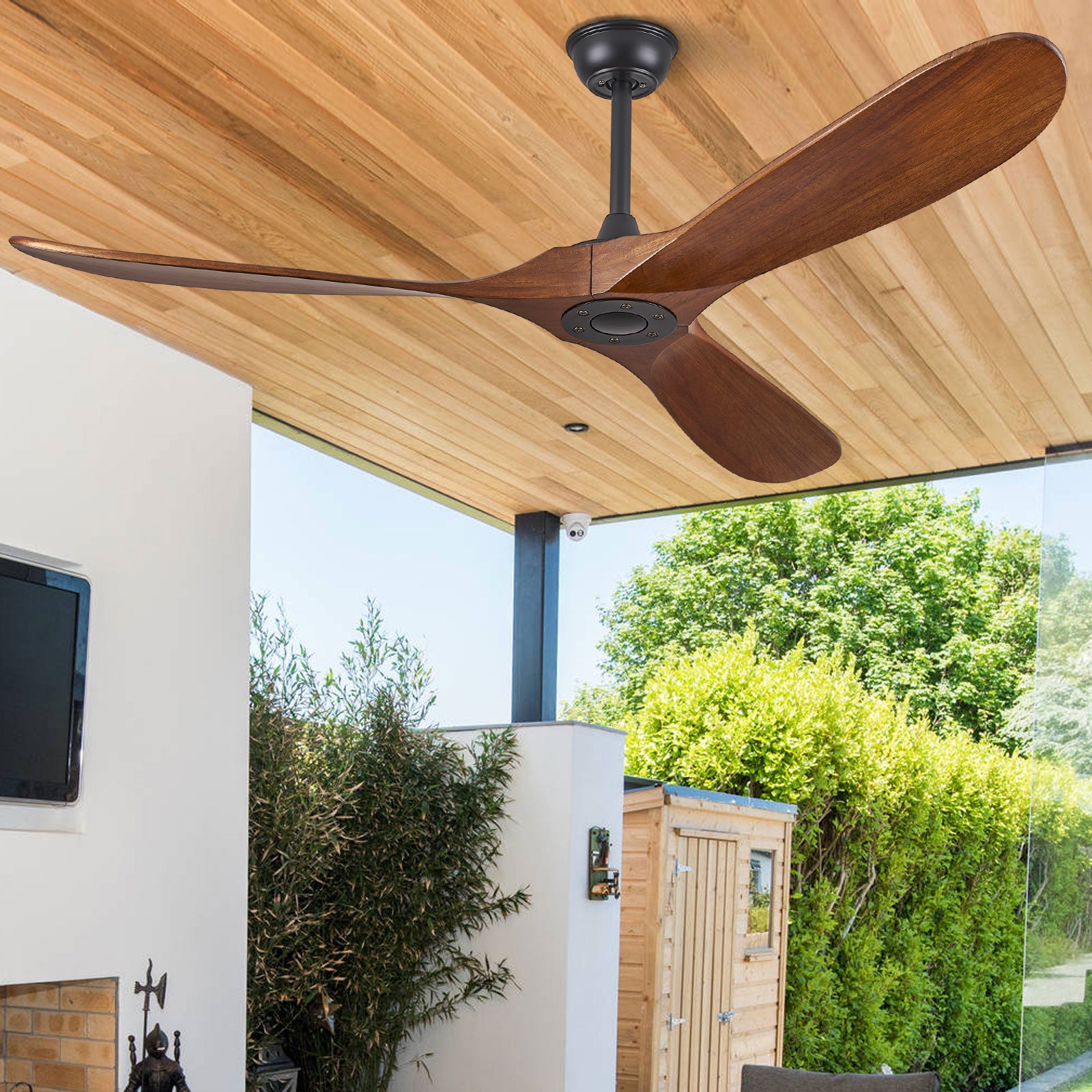 ABZ 52" Ceiling Fans Without Lights, 52 Inch Outdoor Ceiling Fans no Light, 3 Blade Solid Wood Ceiling Fan with Remote Control for Patios Living Room Bedroom Porch