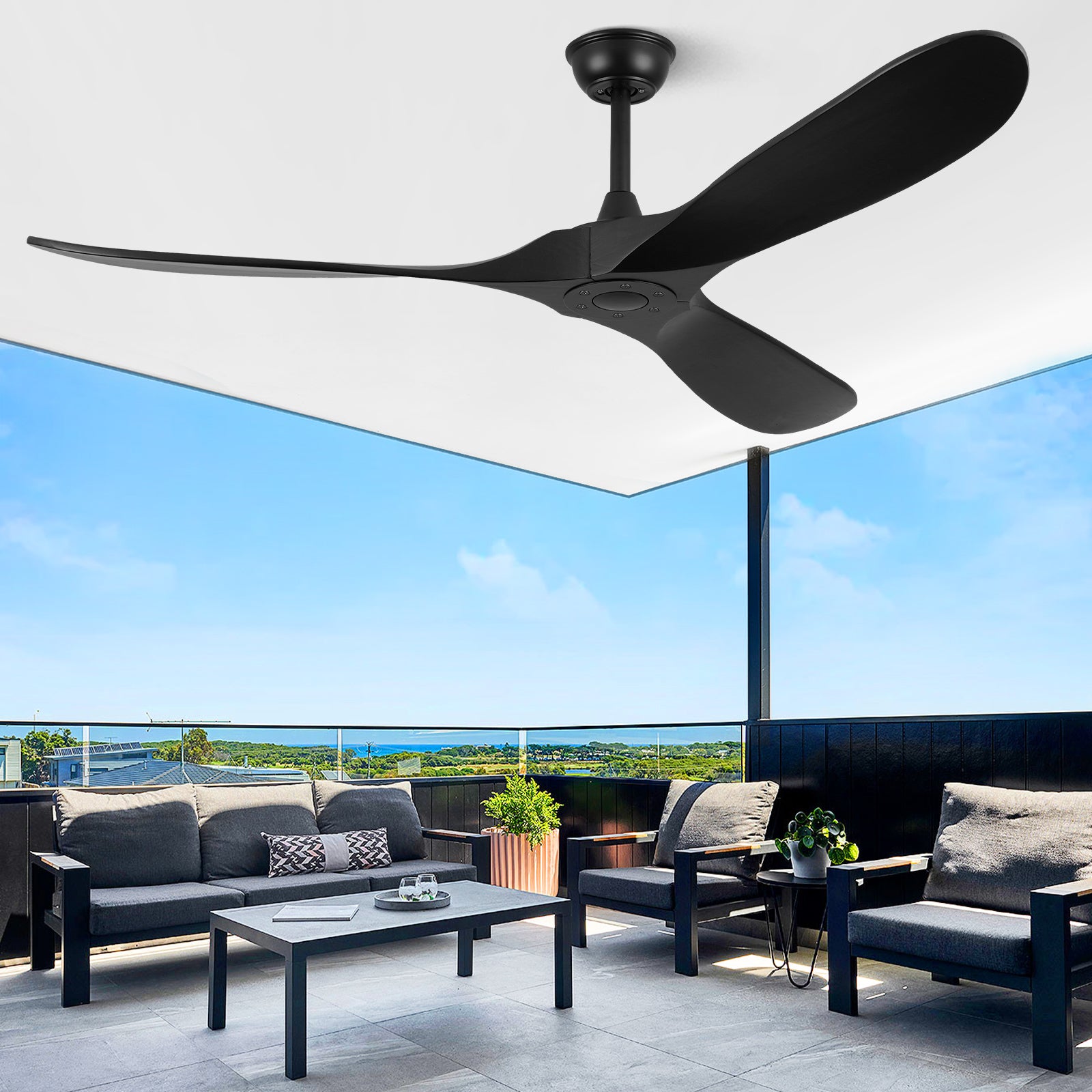 ABZ Ceiling Fans Without Lights - 60 Inch Ceiling Fan no Light, Black 3 Blade Solid Wood Indoor Outdoor Ceiling Fan with Remote Control for Patios Living Room Bedroom