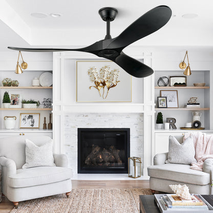 ABZ Ceiling Fans without Lights - 60 Inch Ceiling Fan no Light, Black 3 Blade Solid Wood Indoor Outdoor Ceiling Fan with Remote Control for Patios Living Room Bedroom