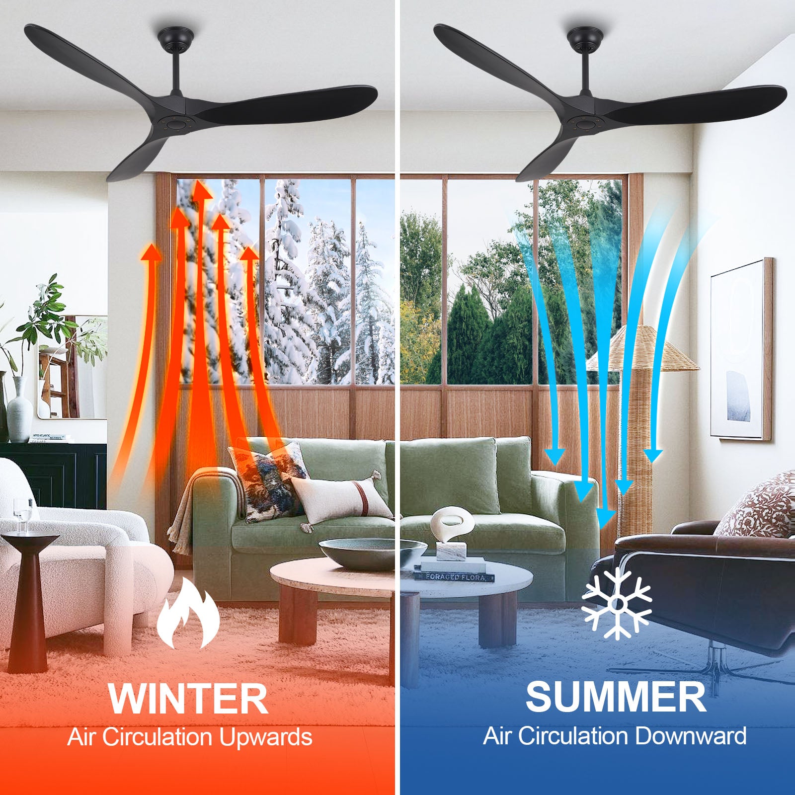 ABZ Ceiling Fans Without Lights - 60 Inch Ceiling Fan no Light, Black 3 Blade Solid Wood Indoor Outdoor Ceiling Fan with Remote Control for Patios Living Room Bedroom