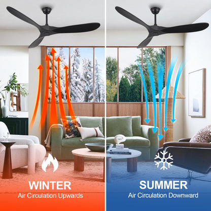 ABZ Ceiling Fans without Lights - 60 Inch Ceiling Fan no Light, Black 3 Blade Solid Wood Indoor Outdoor Ceiling Fan with Remote Control for Patios Living Room Bedroom