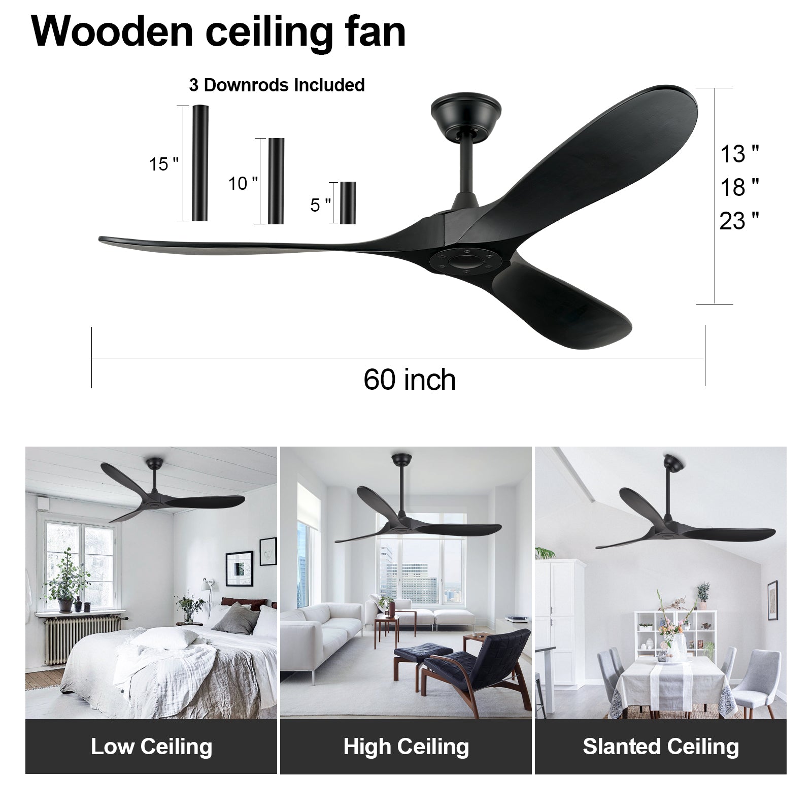 ABZ Ceiling Fans Without Lights - 60 Inch Ceiling Fan no Light, Black 3 Blade Solid Wood Indoor Outdoor Ceiling Fan with Remote Control for Patios Living Room Bedroom