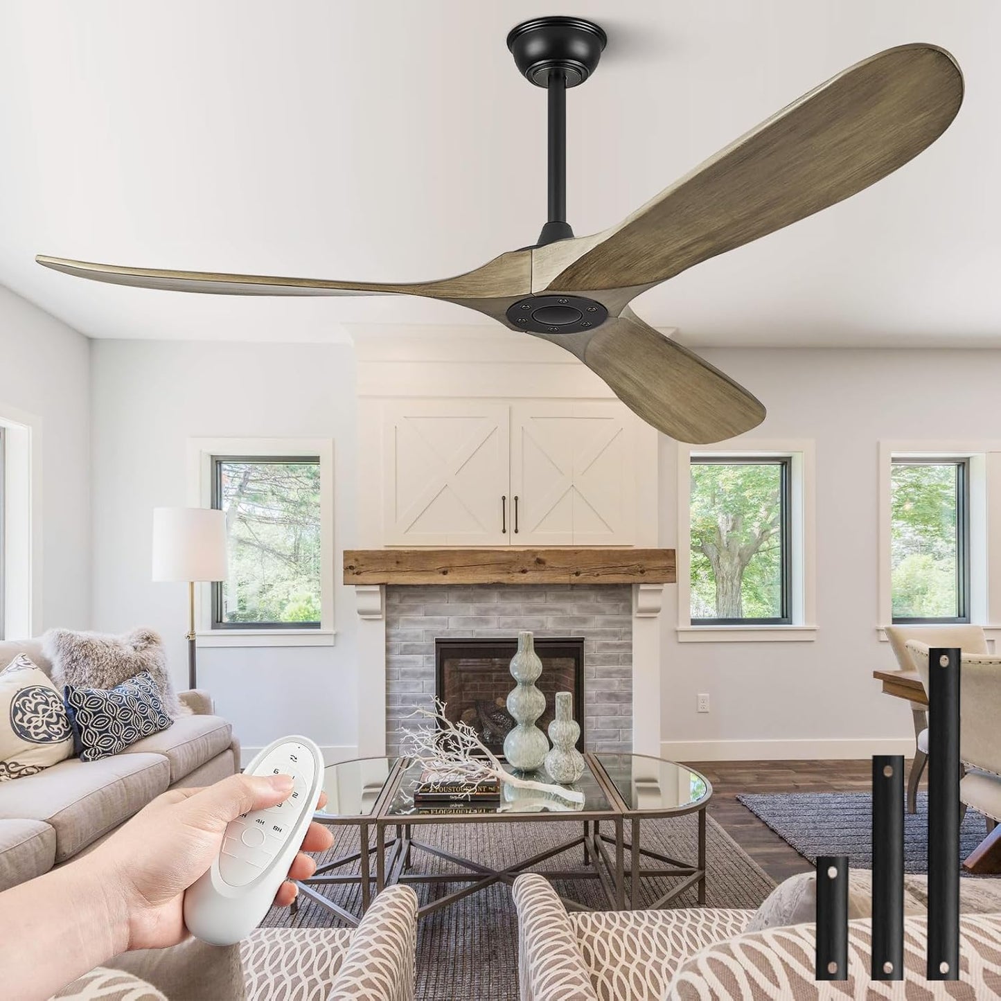 ABZ 52" Ceiling Fan without Light - 52 inch Propeller Solid Wood Blades Bronze Gray Ceiling Fan no Light with Remote Control for Outdoor Indoor Patio Porch Living Room