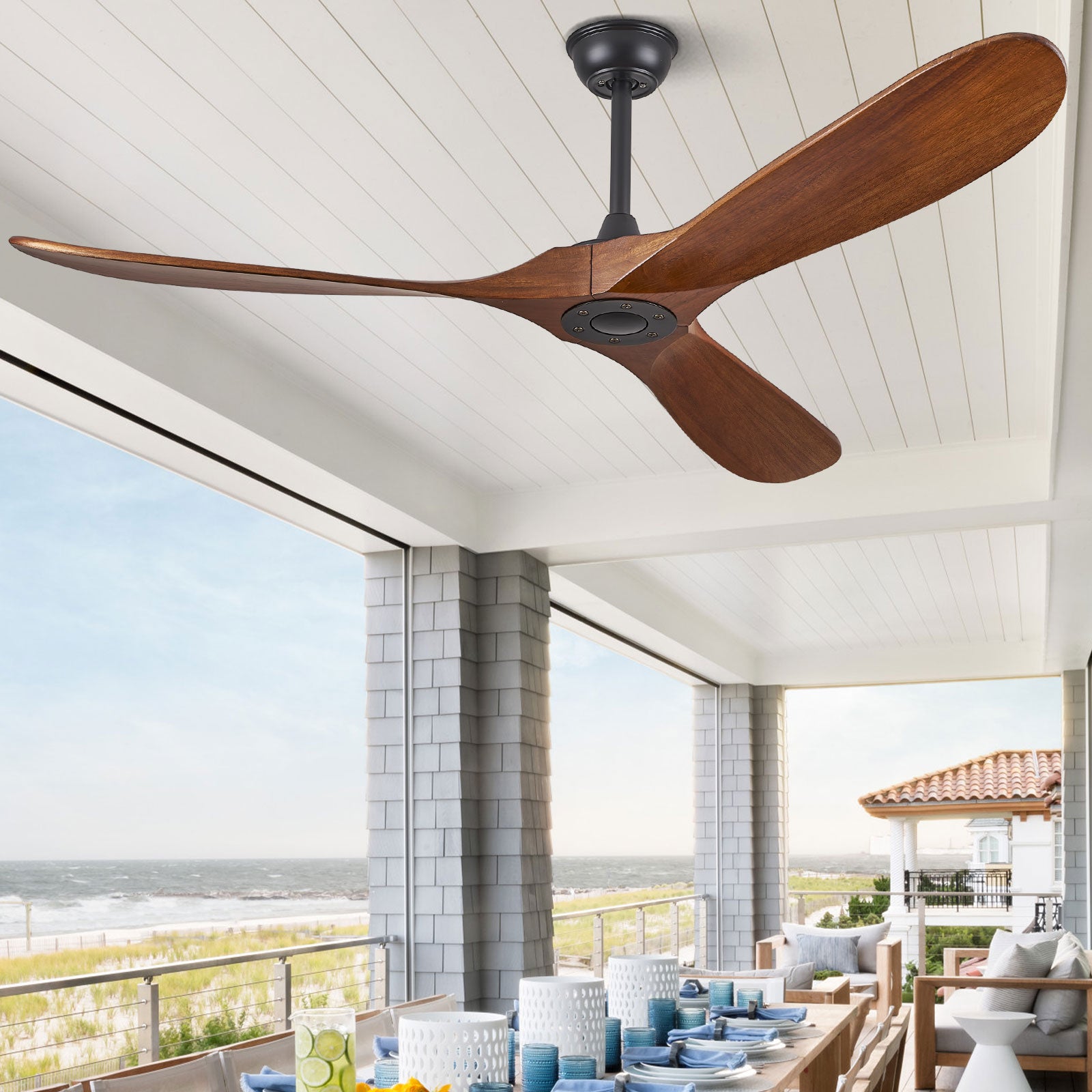 ABZ 60" Ceiling Fans without Lights, 60 Inch Outdoor Ceiling Fans no Light, 3 Blade Solid Wood Ceiling Fan with Remote Control for Patios Living Room Bedroom Porch