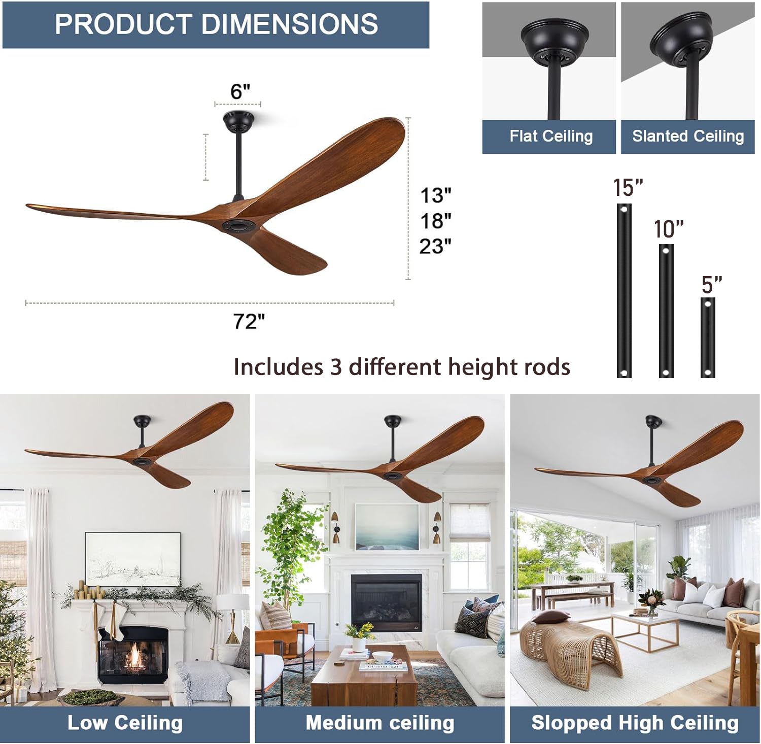 ABZ Ceiling Fans Without Lights - 72 Inch Outdoor Ceiling Fans no Lights with Remote Control, 3 Blade Solid Wood Ceiling Fans for Patios Living Room Bedroom Porch