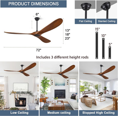 ABZ Ceiling Fans without Lights - 72 Inch Outdoor Ceiling Fans no Lights with Remote Control, 3 Blade Solid Wood Large Ceiling Fan for Patios Living Room Bedroom Porch