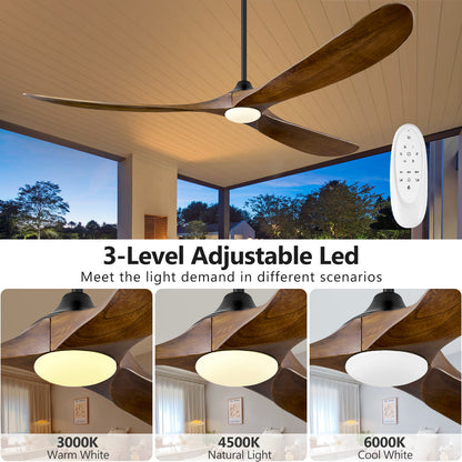 ABZ 72 Inch Ceiling Fans with Lights, Solid Wood Propeller Large Ceiling Fans with Lights and Remote Control 3 Blades Outdoor Ceiling Fan High cfm for Patios Gazebo Indoor Farmhouse, Walnut Wood