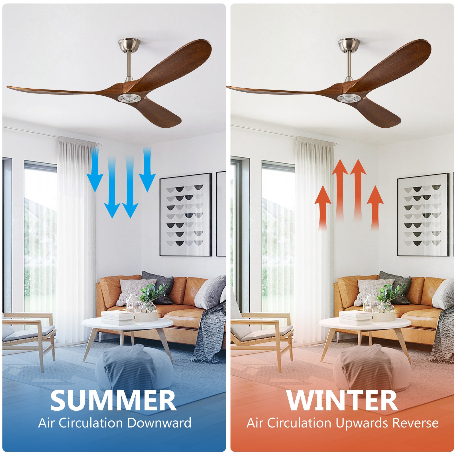 ABZ Ceiling Fan without Light - 60 inch Propeller Solid Wood Blades Silver Ceiling Fan no Light with Remote Control for Outdoor Indoor Patio Porch Living Room