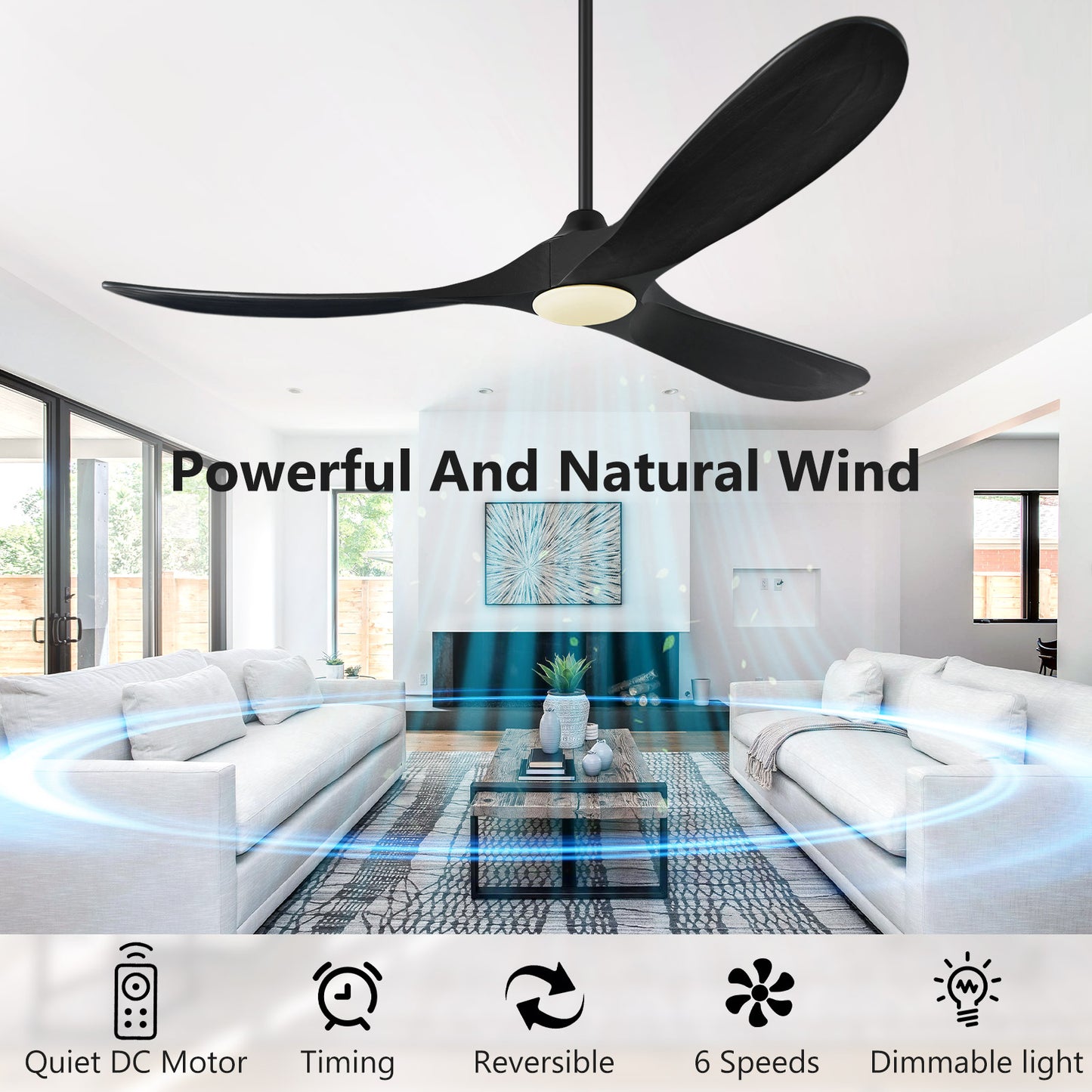 ABZ Ceiling Fans with Lights and Remote Control, 60 Inch Solid Wood Propeller Outdoor Ceiling Fan for Patios, 3 Blades Black Ceiling Fan with Light for Indoor Porch Farmhouse, Matte Black