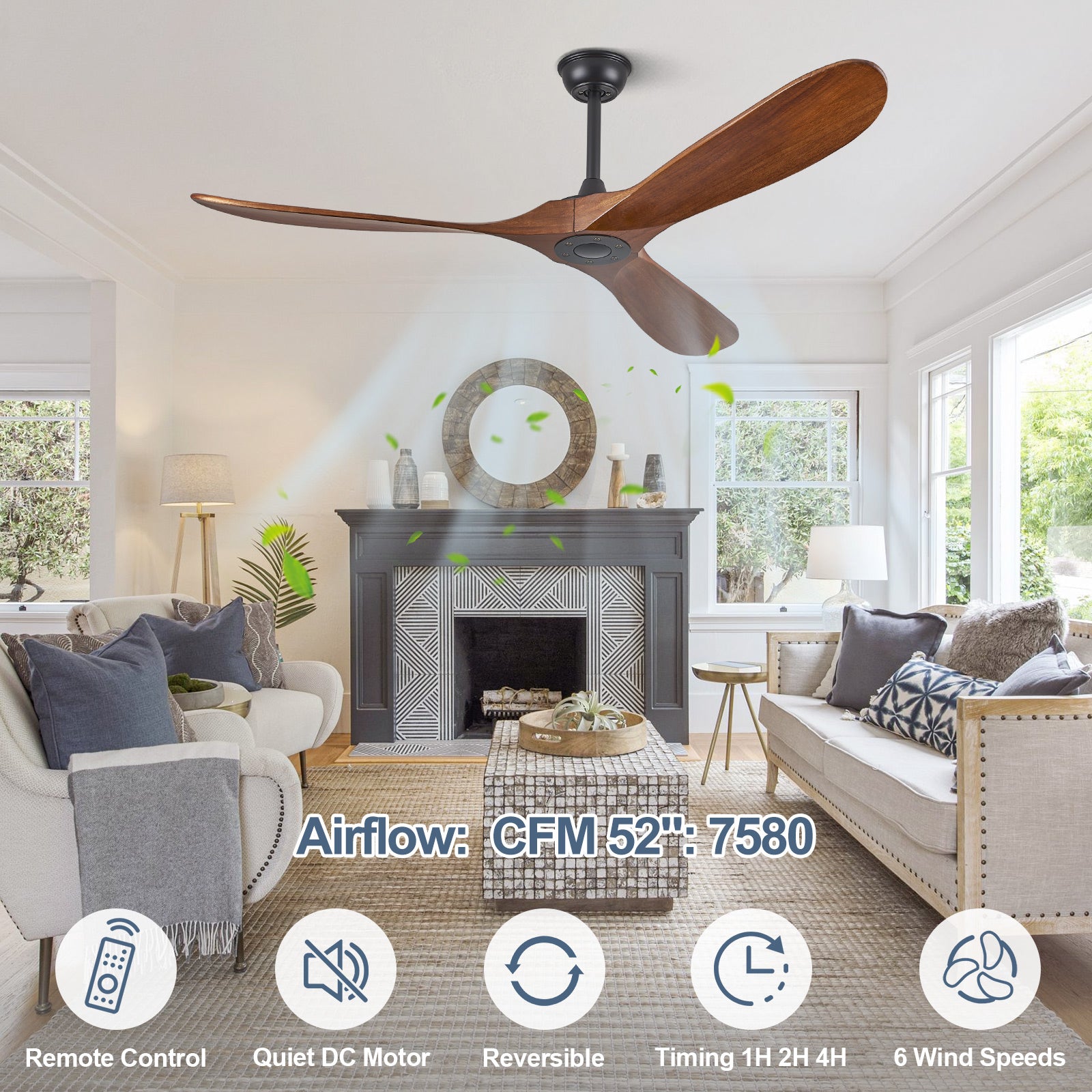 ABZ 52" Ceiling Fans Without Lights, 52 Inch Outdoor Ceiling Fans no Light, 3 Blade Solid Wood Ceiling Fan with Remote Control for Patios Living Room Bedroom Porch