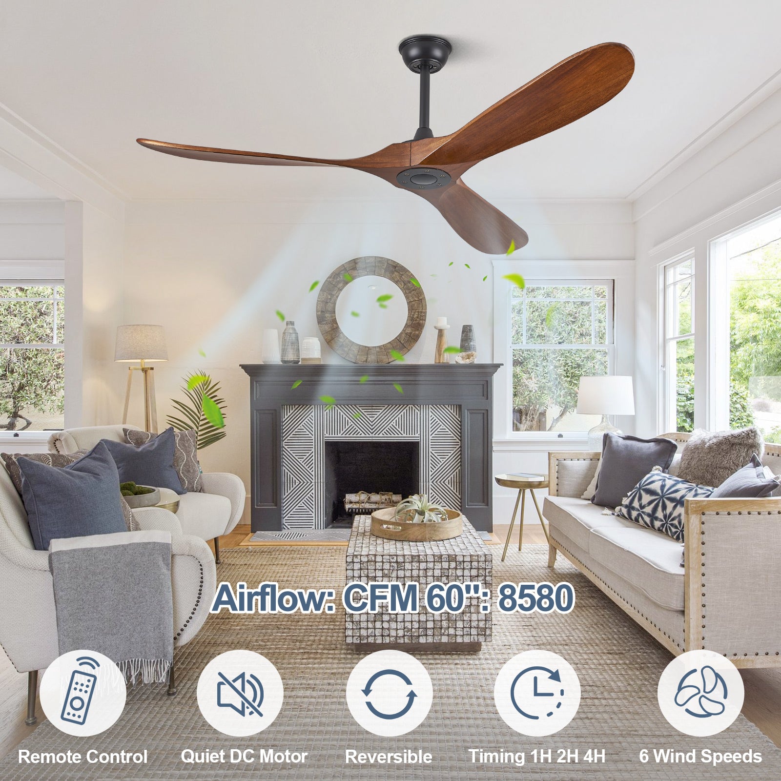 ABZ 60" Ceiling Fans without Lights, 60 Inch Outdoor Ceiling Fans no Light, 3 Blade Solid Wood Ceiling Fan with Remote Control for Patios Living Room Bedroom Porch