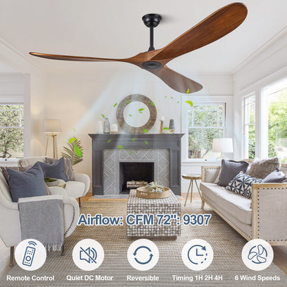 ABZ Ceiling Fans without Lights - 72 Inch Outdoor Ceiling Fans no Lights with Remote Control, 3 Blade Solid Wood Large Ceiling Fan for Patios Living Room Bedroom Porch