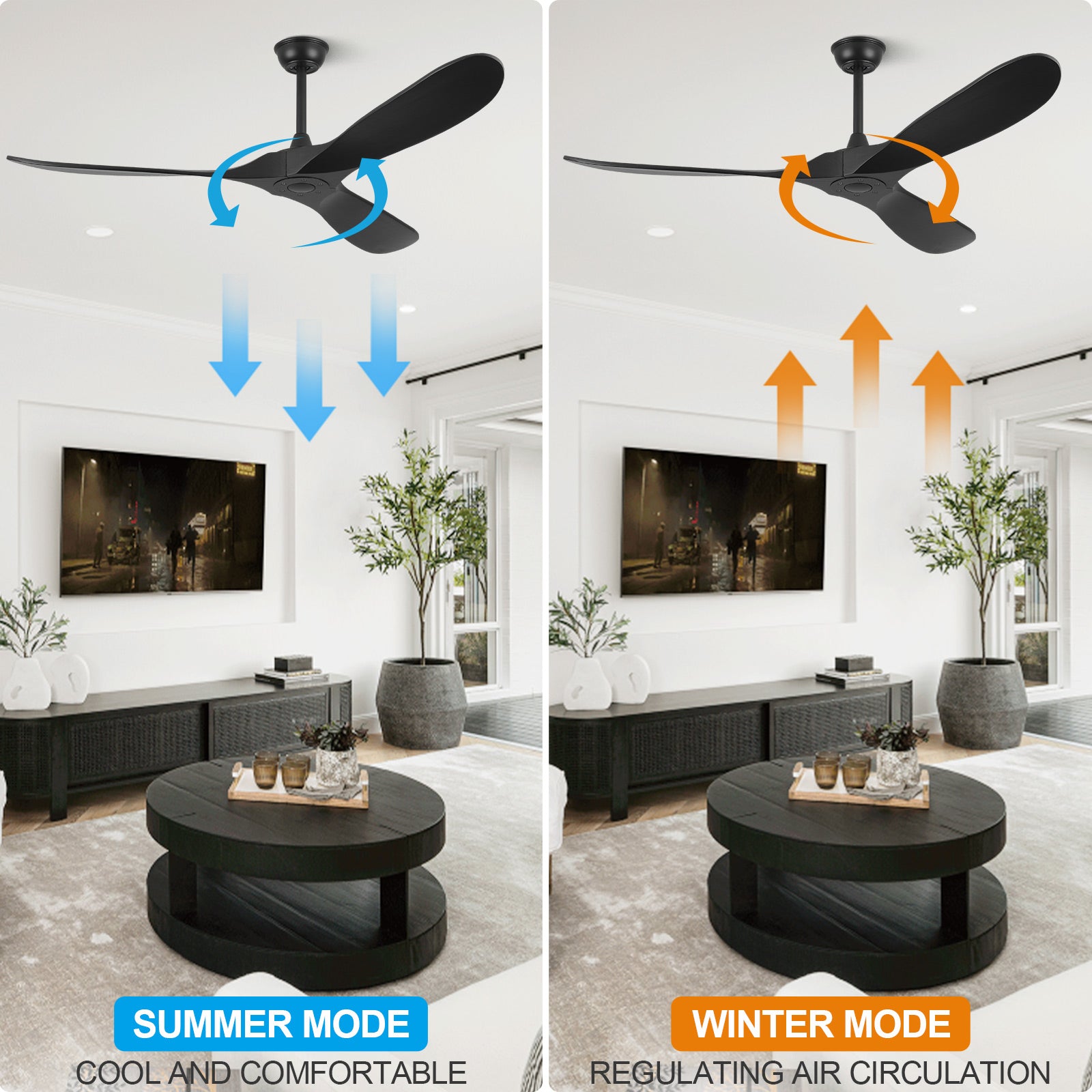 ABZ Ceiling Fans Without Lights - 60 Inch Ceiling Fan no Light, Black 3 Blade Solid Wood Indoor Outdoor Ceiling Fan with Remote Control for Patios Living Room Bedroom