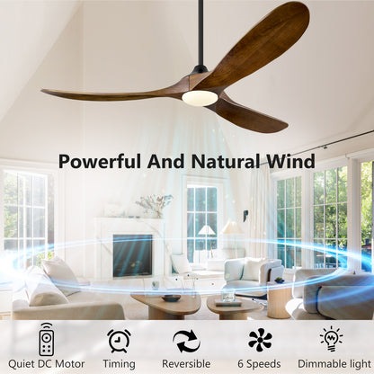ABZ 52 Inch Ceiling Fans with Lights and Remote Control, Outdoor Ceiling Fan with Light 3 Blades Propeller Solid Wood Ceiling Fan for Indoor Bedroom Living Room, Walnut Wood