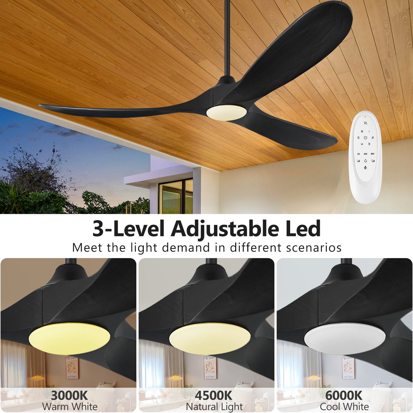 ABZ Ceiling Fans with Lights and Remote Control, 60 Inch Solid Wood Propeller Outdoor Ceiling Fan for Patios, 3 Blades Black Ceiling Fan with Light for Indoor Porch Farmhouse, Matte Black