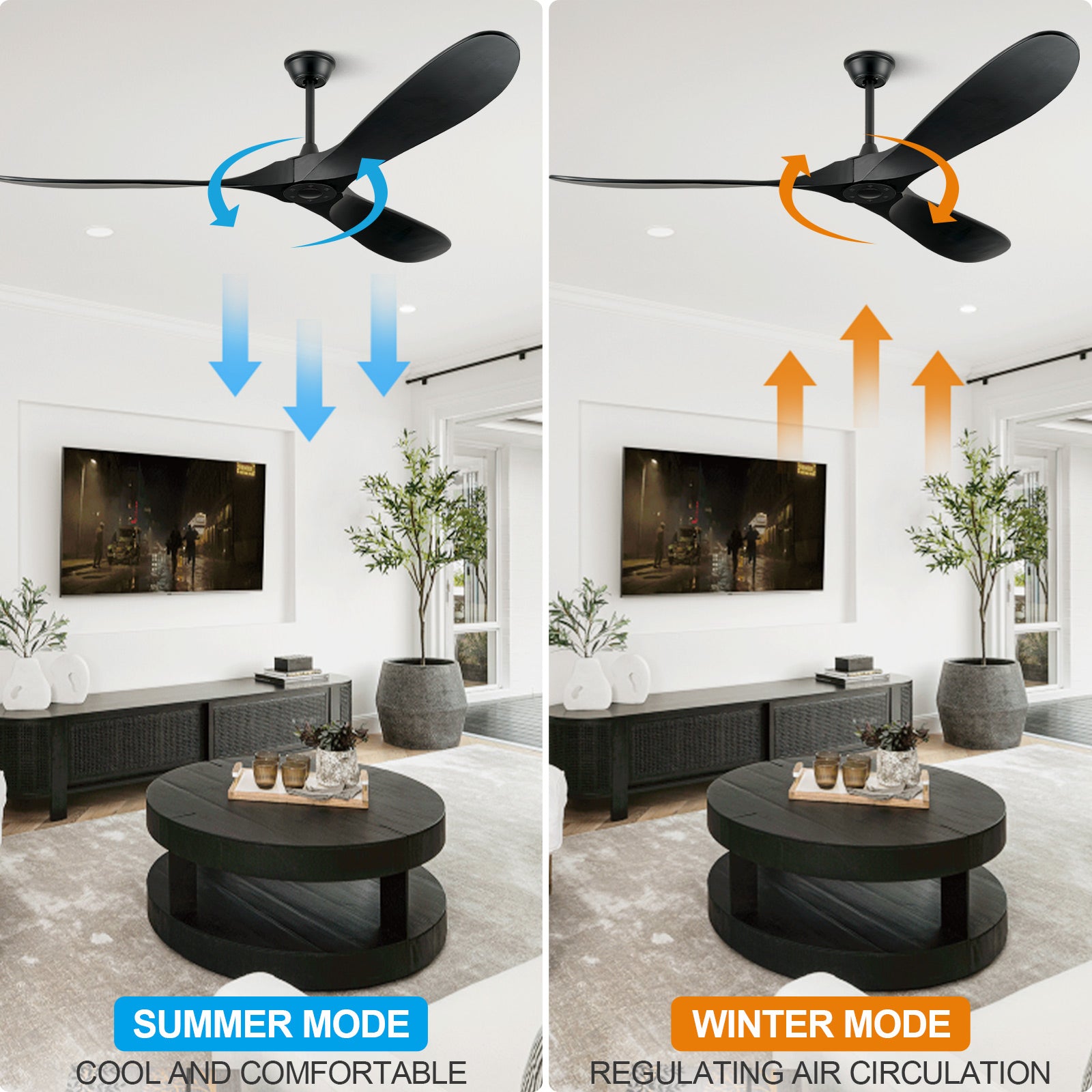 ABZ Ceiling Fans without Lights - 72 Inch Black Ceiling Fans no Lights with Remote Control, Black 3 Blade Solid Wood Indoor Outdoor Ceiling Fans for Patios Living Room Bedroom