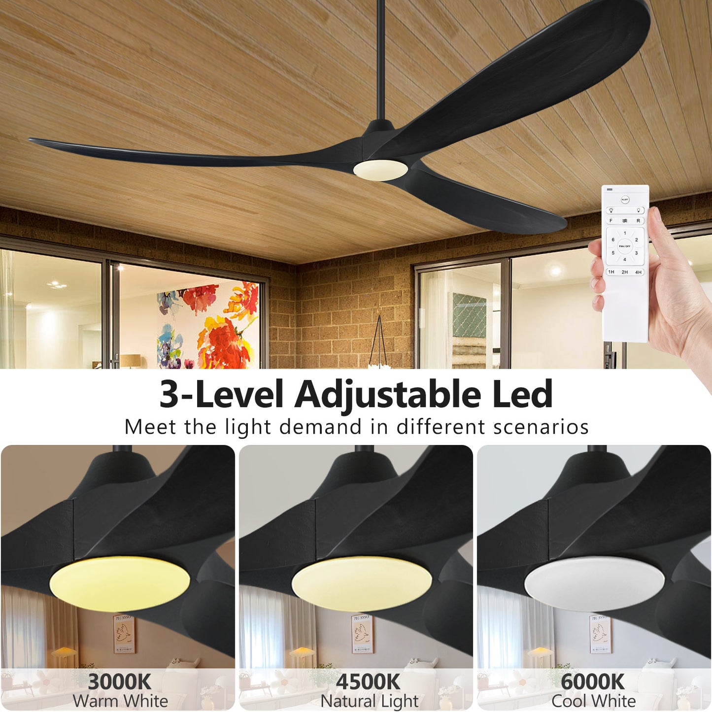 ABZ 72 Inch Ceiling Fans with Lights, Solid Wood Propeller Large Outdoor Ceiling Fan with Light and Remote Control, 3 Blades Black Ceiling Fan for Indoor Patios Living Room High cfm, Matte Black