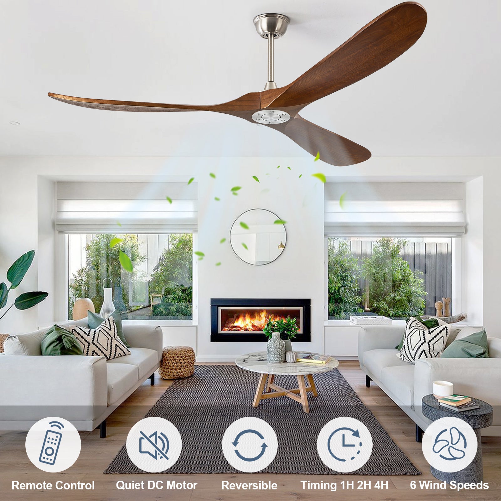 Ceiling Fan without Light - 72 inch Large Solid Wood Propeller Blades Silver Ceiling Fan no Light with Remote Control for Outdoor Indoor Patio Porch Living Room