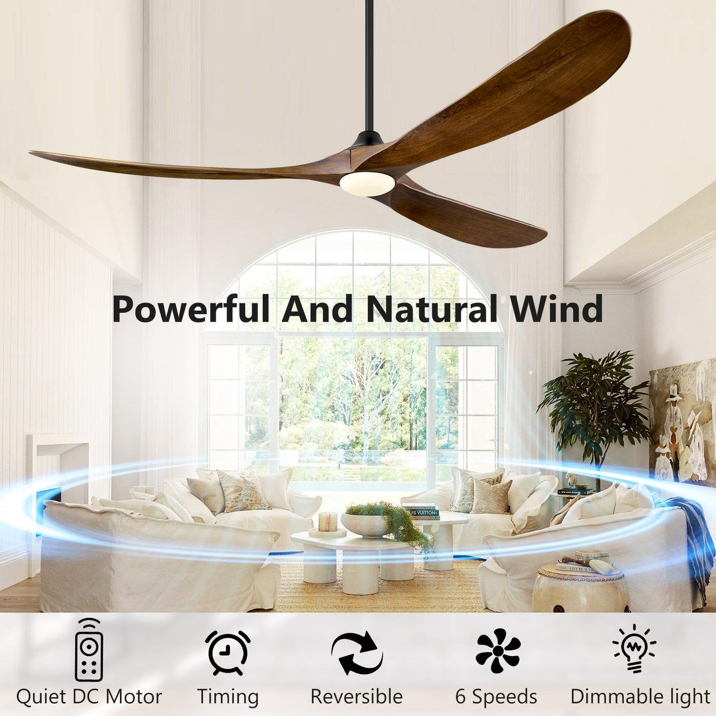 ABZ 72 Inch Ceiling Fans with Lights, Solid Wood Propeller Large Ceiling Fans with Lights and Remote Control 3 Blades Outdoor Ceiling Fan High cfm for Patios Gazebo Indoor Farmhouse, Walnut Wood