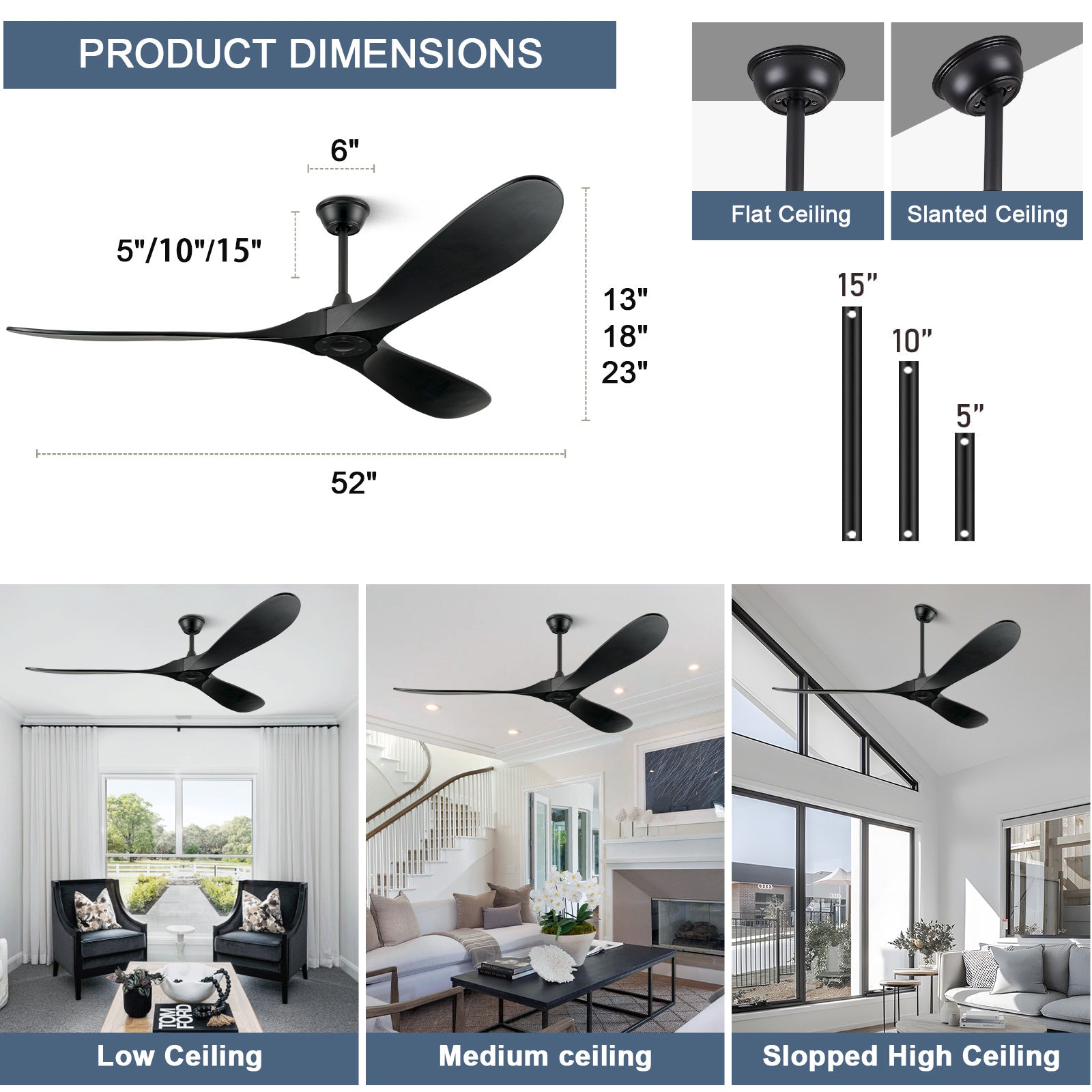 ABZ Ceiling Fans without Lights - 52 Inch Modern Ceiling Fans no Lights with Remote Control, Black 3 Blade Solid Wood Indoor Outdoor Ceiling Fans for Patios Living Room Bedroom Kitchen