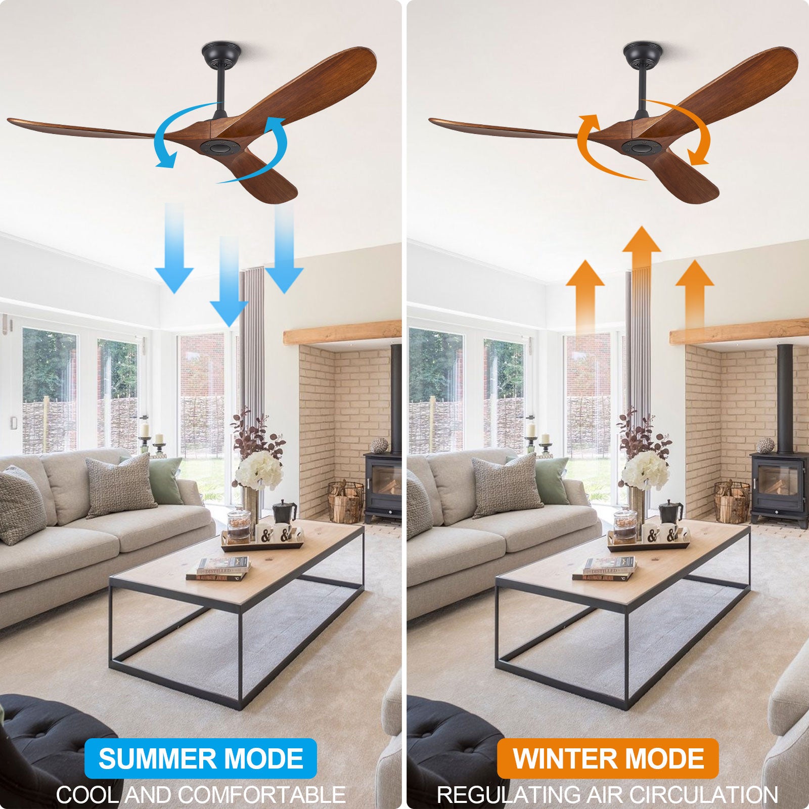 ABZ 60" Ceiling Fans without Lights, 60 Inch Outdoor Ceiling Fans no Light, 3 Blade Solid Wood Ceiling Fan with Remote Control for Patios Living Room Bedroom Porch