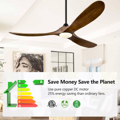 ABZ 52 Inch Ceiling Fans with Lights and Remote Control, Outdoor Ceiling Fan with Light 3 Blades Propeller Solid Wood Ceiling Fan for Indoor Bedroom Living Room, Walnut Wood
