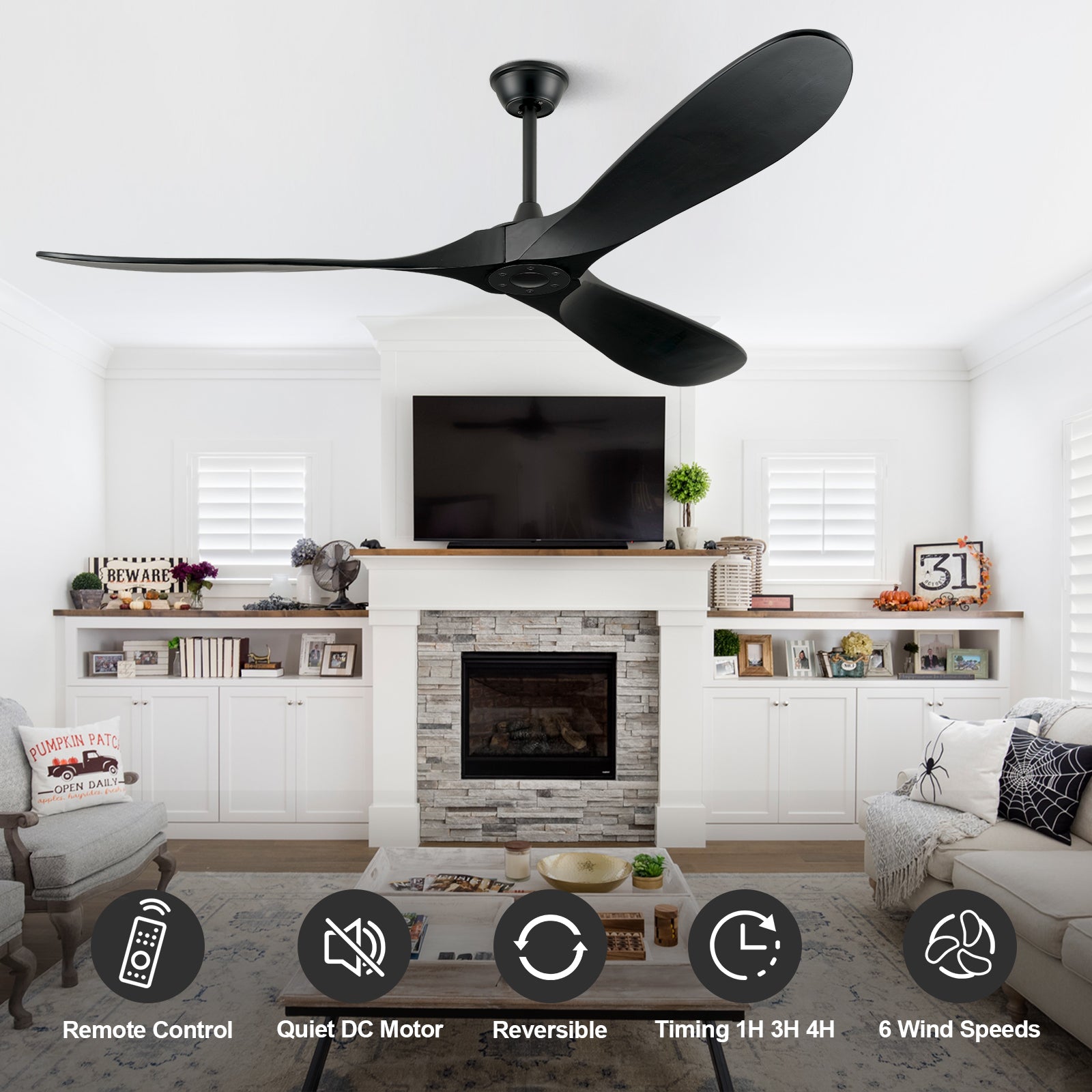 ABZ Ceiling Fans without Lights - 52 Inch Modern Ceiling Fans no Lights with Remote Control, Black 3 Blade Solid Wood Indoor Outdoor Ceiling Fans for Patios Living Room Bedroom Kitchen