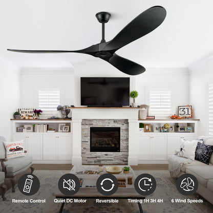 ABZ Ceiling Fans without Lights - 52 Inch Modern Ceiling Fans no Lights with Remote Control, Black 3 Blade Solid Wood Indoor Outdoor Ceiling Fans for Patios Living Room Bedroom