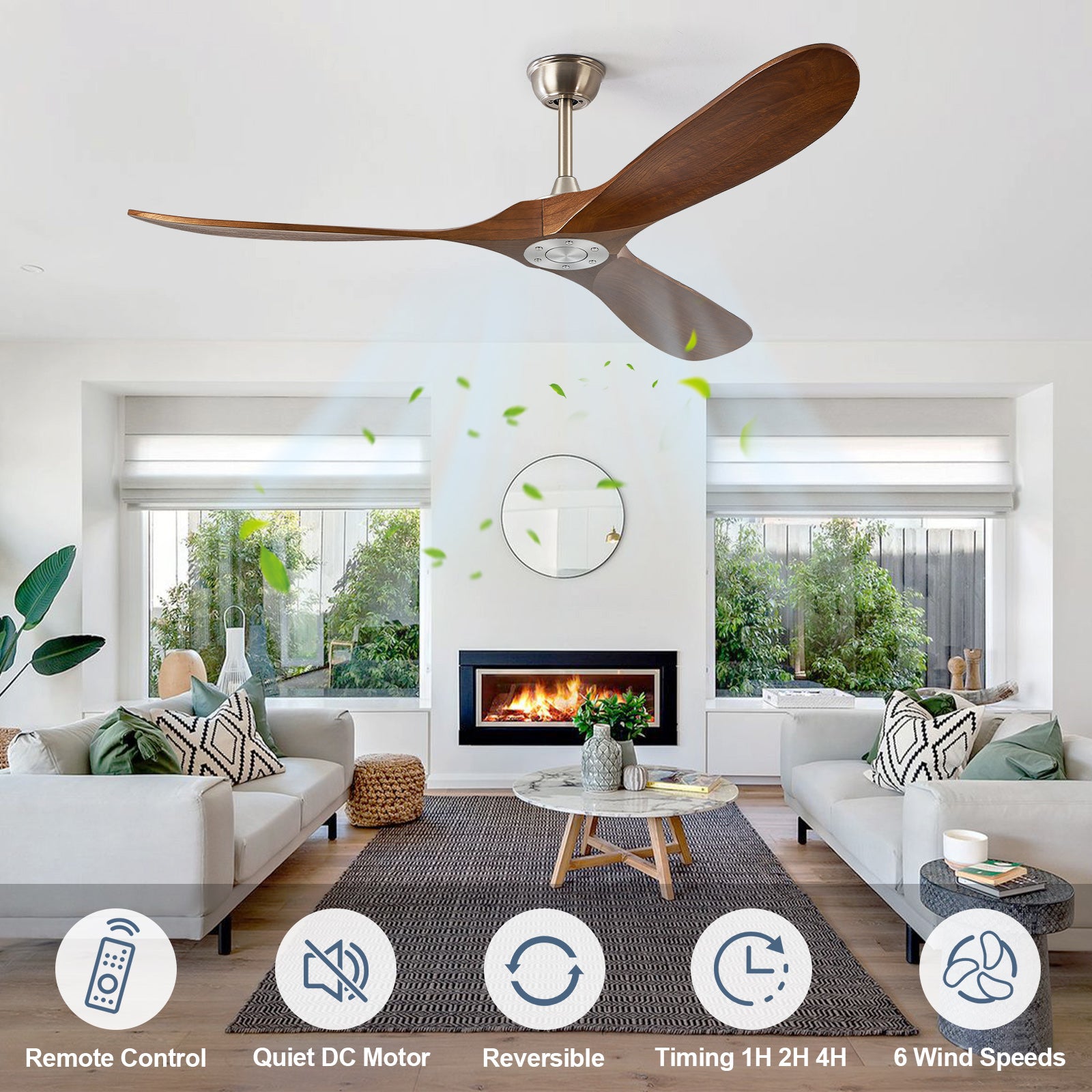 ABZ Ceiling Fan without Light - 52 inch Propeller Solid Wood Blades Silver Ceiling Fan no Light with Remote Control for Outdoor Indoor Patio Porch Living Room