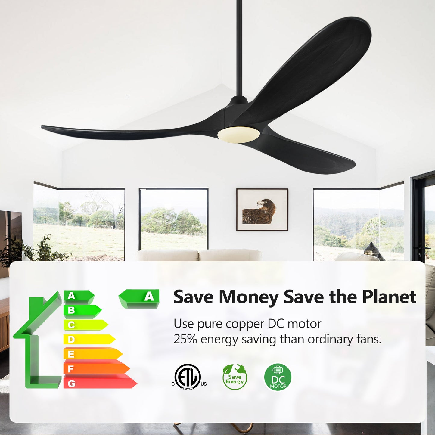 ABZ Ceiling Fans with Lights and Remote Control, 60 Inch Solid Wood Propeller Outdoor Ceiling Fan for Patios, 3 Blades Black Ceiling Fan with Light for Indoor Porch Farmhouse, Matte Black