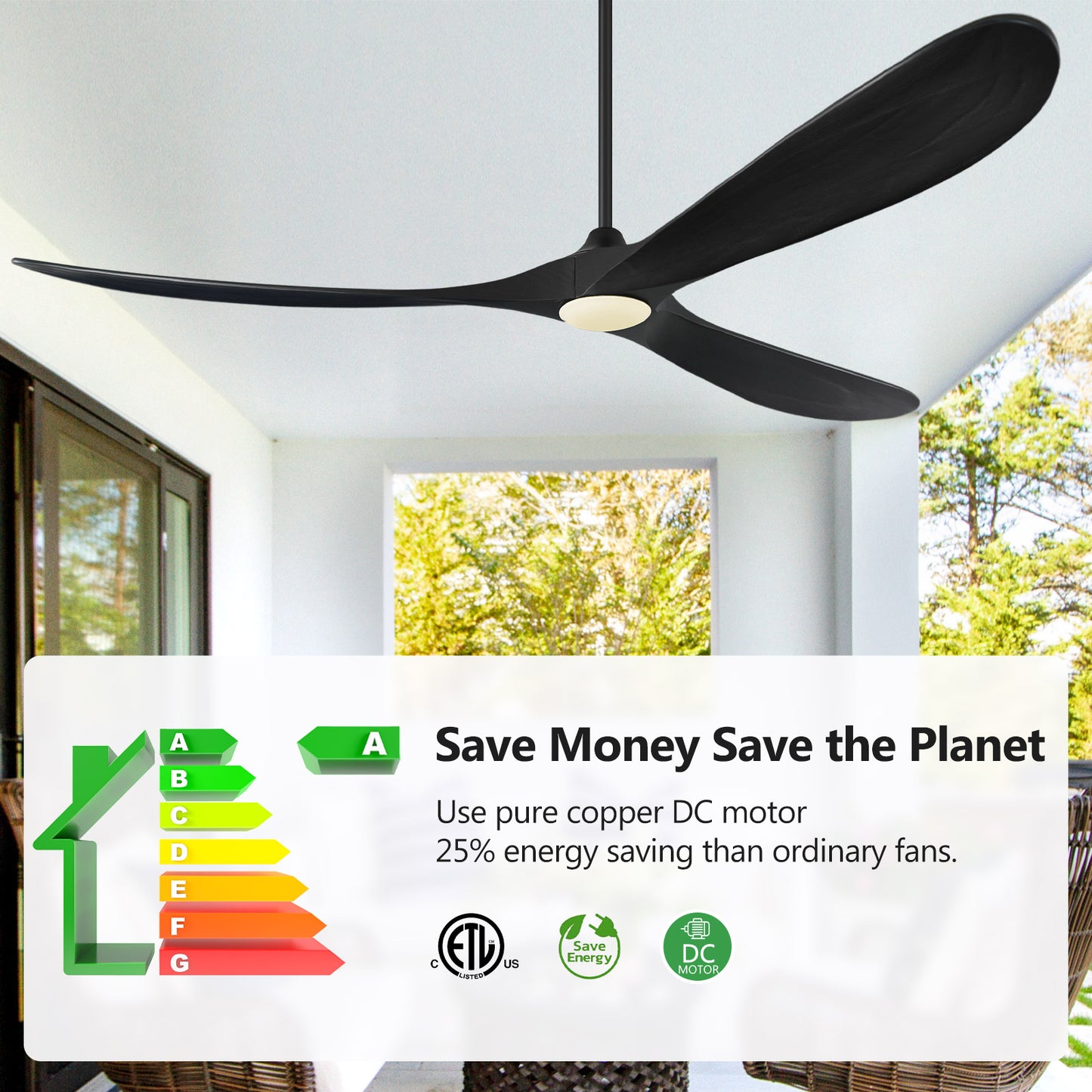 ABZ 72 Inch Ceiling Fans with Lights, Solid Wood Propeller Large Outdoor Ceiling Fan with Light and Remote Control, 3 Blades Black Ceiling Fan for Indoor Patios Living Room High cfm, Matte Black