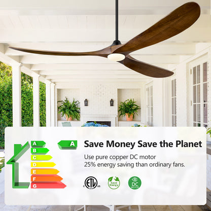 ABZ 72 Inch Ceiling Fans with Lights, Solid Wood Propeller Large Ceiling Fans with Lights and Remote Control 3 Blades Outdoor Ceiling Fan High cfm for Patios Gazebo Indoor Farmhouse, Walnut Wood