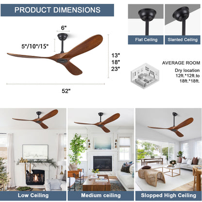 ABZ 52" Solid Wood Ceiling Fan, Outdoor, 3 Blade, No Light, Walnut, for Patio Living Room Bedroom Porch, Remote Control, Water Resistant