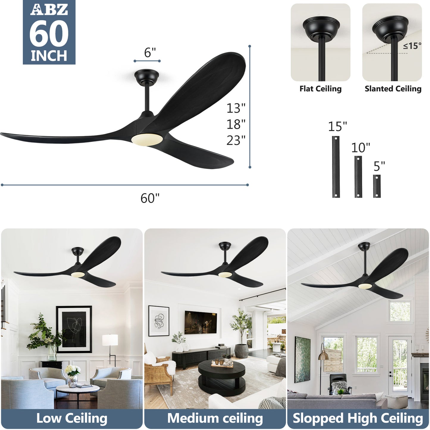 ABZ Ceiling Fans with Lights and Remote Control, 60 Inch Solid Wood Propeller Outdoor Ceiling Fan for Patios, 3 Blades Black Ceiling Fan with Light for Indoor Porch Farmhouse, Matte Black