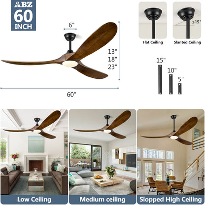 ABZ 60 Inch Ceiling Fans with Lights, Solid Wood Propeller Ceiling Fans with Lights and Remote Control Outdoor Ceiling Fan for Patios Propeller 3 Blades for Indoor Living Room, Walnut Wood