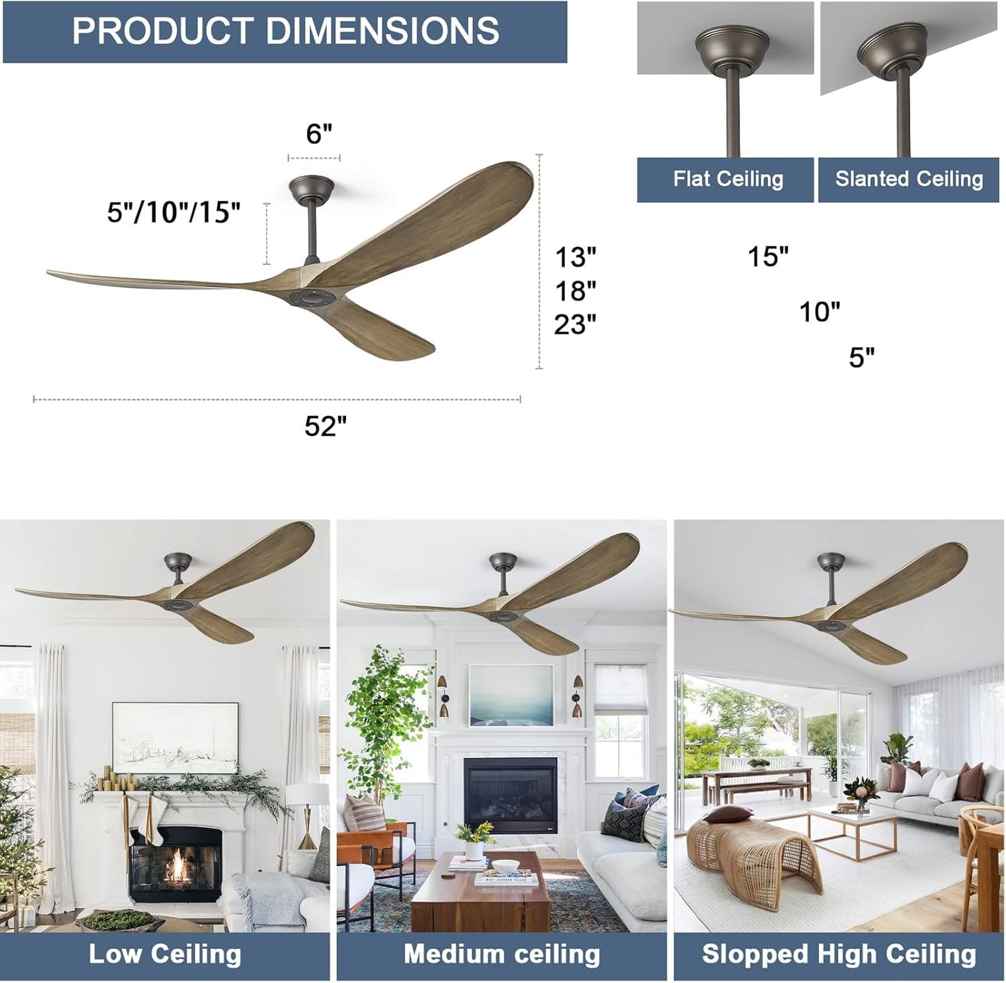 ABZ 52" Ceiling Fan without Light - 52 inch Propeller Solid Wood Blades Bronze Gray Ceiling Fan no Light with Remote Control for Outdoor Indoor Patio Porch Living Room