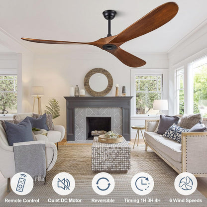 ABZ Ceiling Fans without Lights - 72 Inch Outdoor Ceiling Fans no Lights with Remote Control, 3 Blade Solid Wood Large Ceiling Fan for Patios Living Room Bedroom Porch