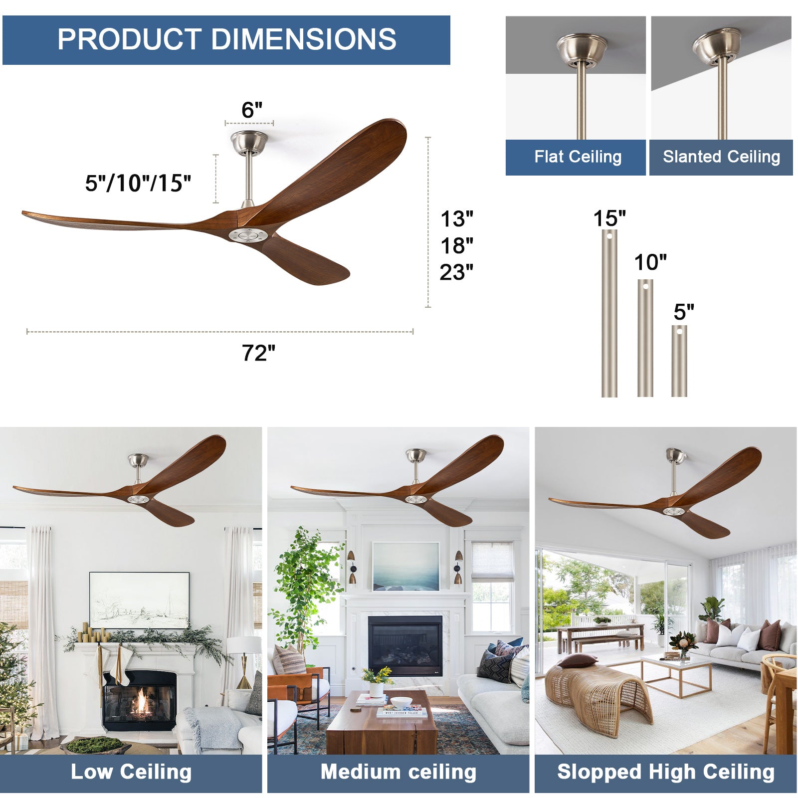 Ceiling Fan without Light - 72 inch Large Solid Wood Propeller Blades Silver Ceiling Fan no Light with Remote Control for Outdoor Indoor Patio Porch Living Room