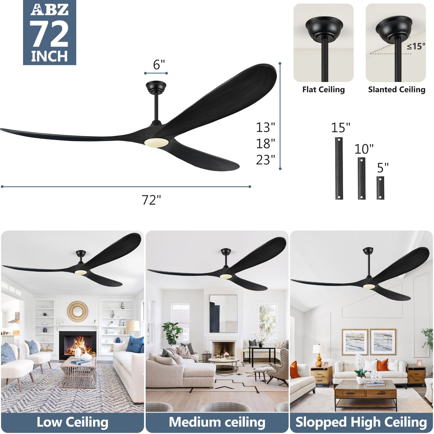 ABZ 72 Inch Ceiling Fans with Lights, Solid Wood Propeller Large Outdoor Ceiling Fan with Light and Remote Control, 3 Blades Black Ceiling Fan for Indoor Patios Living Room High cfm, Matte Black