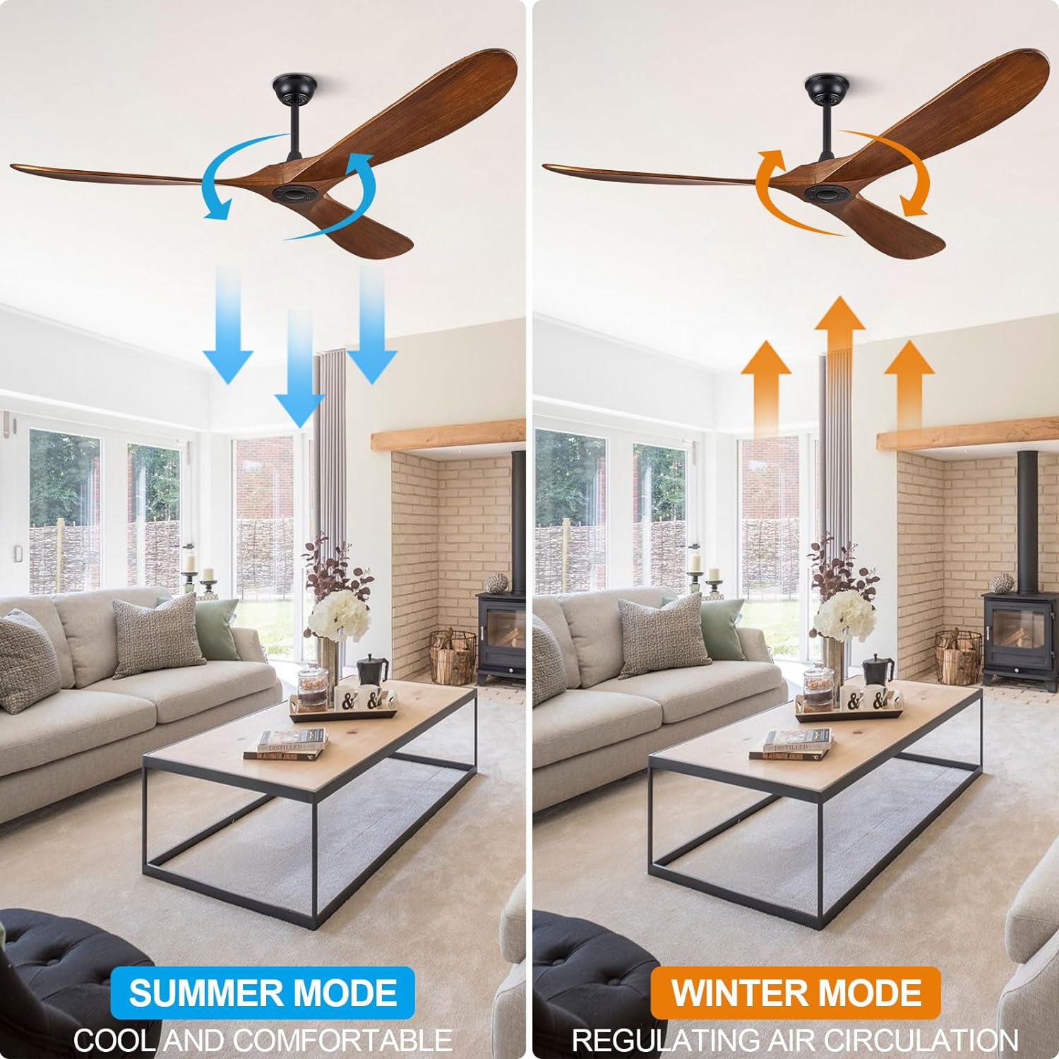 ABZ Ceiling Fans Without Lights - 72 Inch Outdoor Ceiling Fans no Lights with Remote Control, 3 Blade Solid Wood Ceiling Fans for Patios Living Room Bedroom Porch