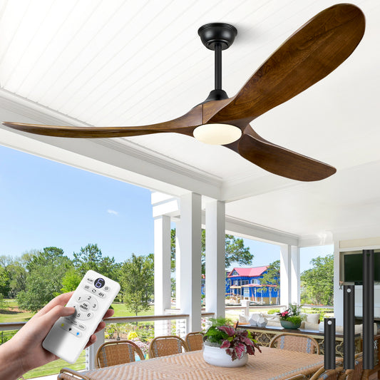 ABZ 60 Inch Ceiling Fans with Lights, Solid Wood Propeller Ceiling Fans with Lights and Remote Control Outdoor Ceiling Fan for Patios Propeller 3 Blades for Indoor Living Room, Walnut Wood