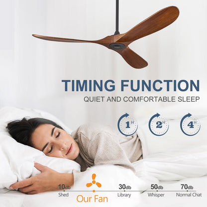 ABZ 52" Solid Wood Ceiling Fan, Outdoor, 3 Blade, No Light, Walnut, for Patio Living Room Bedroom Porch, Remote Control, Water Resistant
